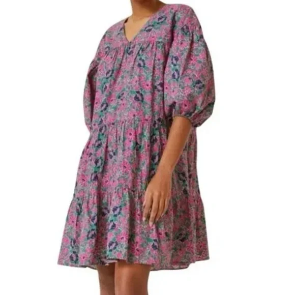 Anthropologie Sundry Ditzy Floral Cotton Dress Tiered Balloon Sleeve Size 1 (S) - Picture 3 of 10